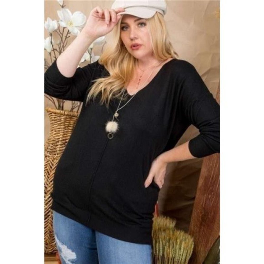 V -Neck 3/4 Sleeve Side Slit Hi-Lo Sweater -Women's Plus Size